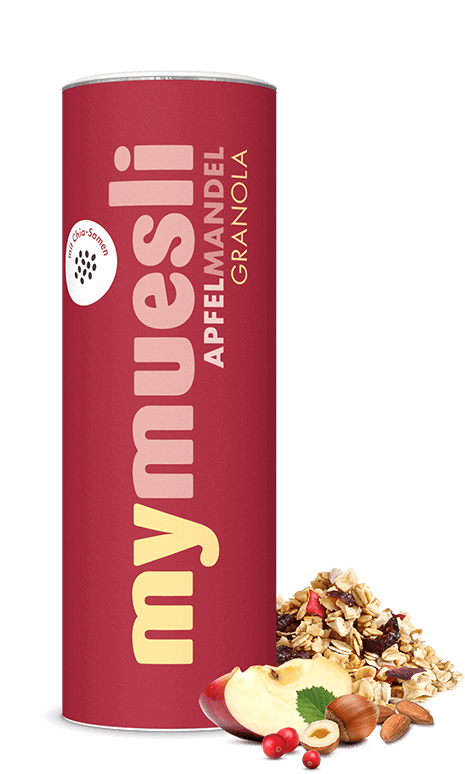 Granola-Müsli mit Apfel-Zimt-Crunchy, in Honig gebackenen Haferflocken, Chia-Samen und gerösteten Mandeln
